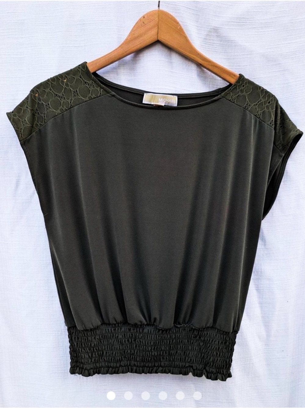 New/Never Worn Michael Kors Olive Green Lace-Shoulder Smocked Waist Top Size S